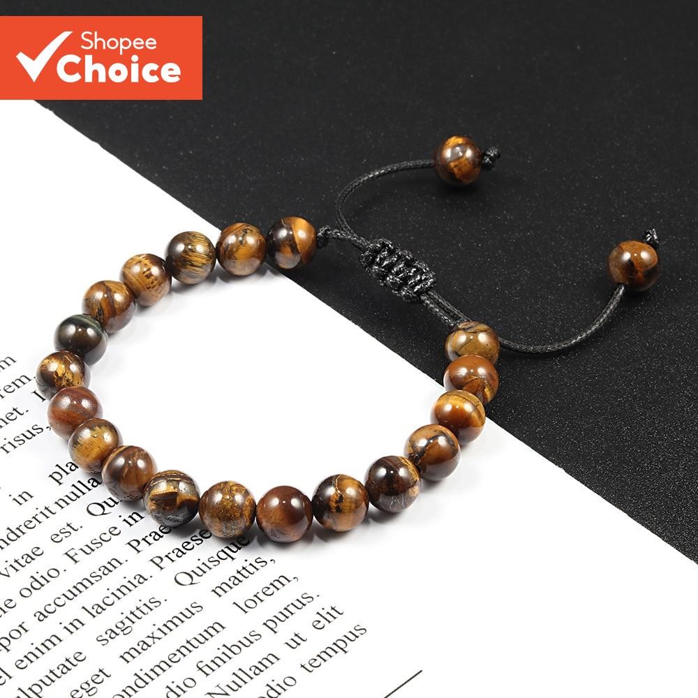 สร้อยข้อมือหินรักษา 8 มม. Tiger Eye ลูกปัดลาวาเชือกปรับได้สําหรับพลังงานโยคะ Unisex