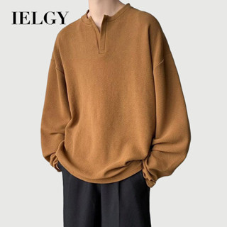 IELGY ผู้ชายแขนยาวแฟชั่นลําลองหลวมด้านบนสีทึบ