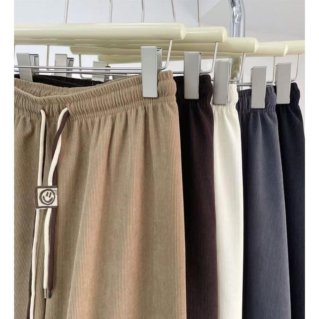 KK *กางเกงขายาวเอวสูง เอวยางยืด ขายาว ผ้าลูกฟูกหนานุ่ม   แต่งเชือกรูดด้านหน้า Clothing Pants เสื้อผ้าWomen ผู้หญิง