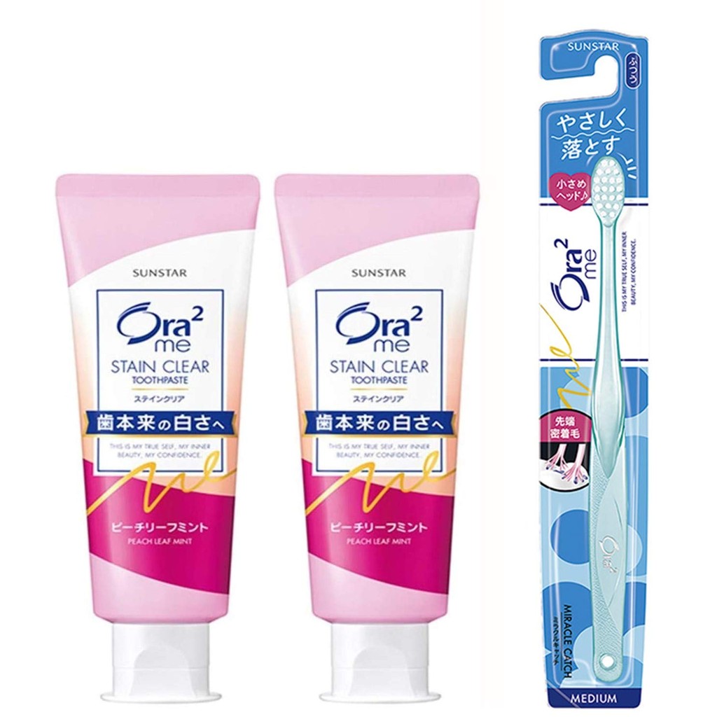 Ora2 Stain Clear Toothpaste Set with Toothbrush - Whitening & Fresh Breath - Natural Mint & Peach Le