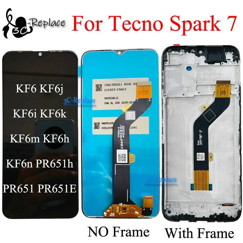 สีดํา 6.5 นิ้วสําหรับ Tecno Spark 7 KF6 KF6j KF6i KF6k KF6H PR651h PR651 จอแสดงผล LCD Touch Screen D