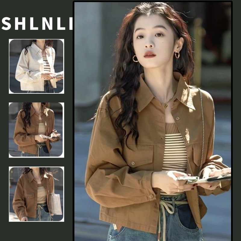 เสื้อแจ็คเก็ตแขนยาวเกาหลีย้อนยุคสำหรับฤดูใบไม้ผลิและใบไม้ร่วง เสื้อโค้ทสั้นสีทึบแบบเรียบง่ายสำหรับผู้หญิง