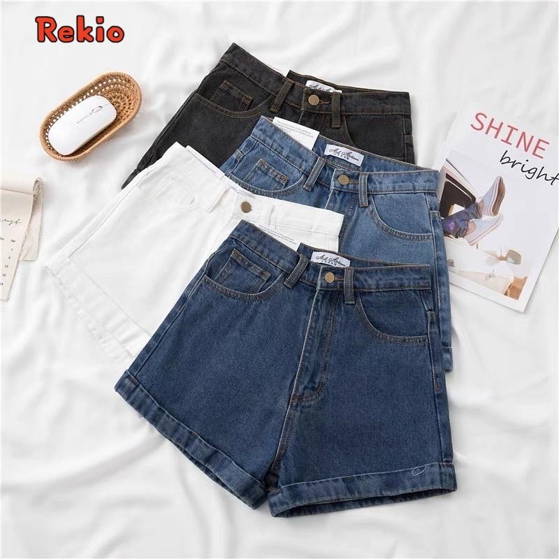 REKIO S-6XL (25-39)  ผู้หญิงเกาหลีกางเกงยีนส์ขาสั้น เอวสูงเรียบๆกางเกงขาสั้น