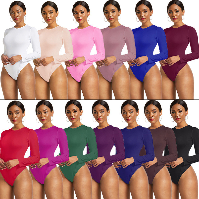 (S-XL) Slim Basic บอดี้สูทผู้หญิงแขนยาว O คอ Jumpsuits Femme Bodycon แน่นสํานักงาน Lady Elegant บอดี้สูท