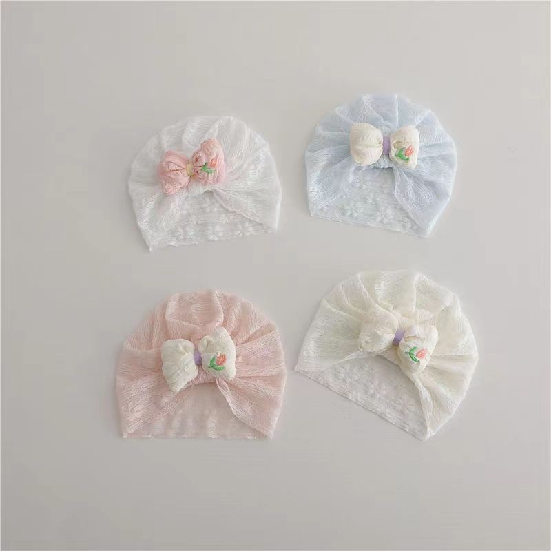 เด็กนุ่มอินเดียหมวกฤดูร้อนบางโบว์หมวกทารกในครรภ์ทิวลิปปักลูกไม้หมวกทารกในครรภ์นุ่ม