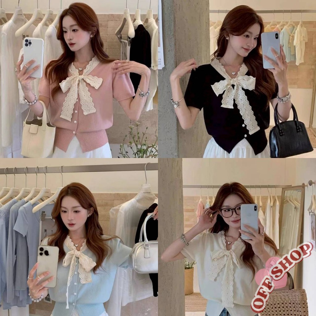 OFF SHOP เสื้อไหมพรมแขนสั้น คอปกแต่งโบว์ 2025 สีพาสเทล ฟรีไซส์ W-M099