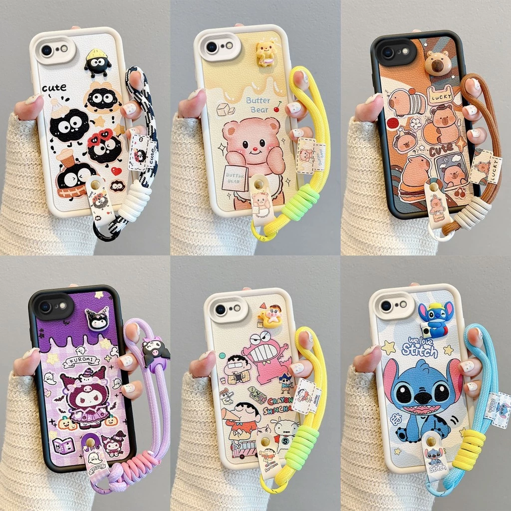 เคส iPhone 6 6S 7 8 PLUS SE2 SE3 หนังการ์ตูนปักหมุดเชือกโทรศัพท์กรณี