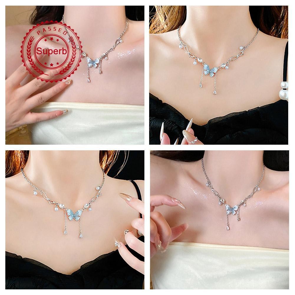 สร้อยคอพู่ผีเสื้อไล่โทนสีหญิงเกรดสูง Y2k Cool สาวหวานสไตล์ร้อน T4b2