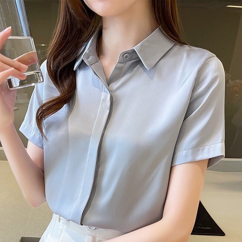 ชีฟองแขนสั้น 2024 บางสีฟ้าธุรกิจเสื้อผู้หญิง Professional Workwear Classy Top เสื้อ 6.19 W