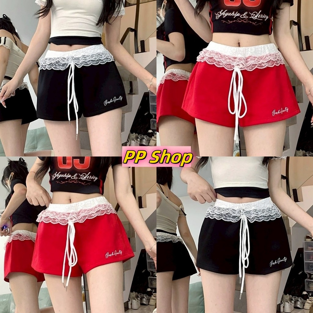 💜PP Shop​💜พร้อมส่ง กางเกงขาสั้น กางเกงลำลอง เอวยางยืด สีพื้น ใส่สบาย เอวกลาง ใส่ง่าย กางเกงลูกไม้ กา