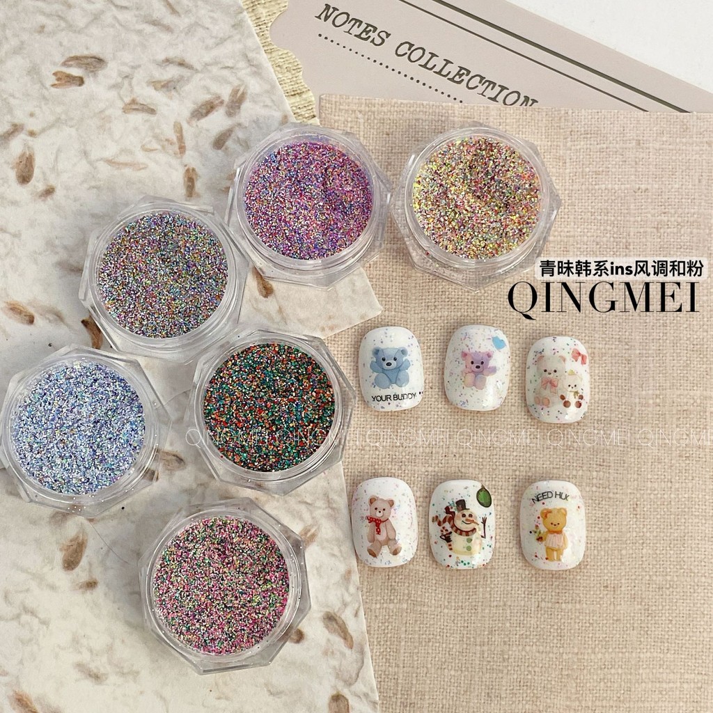 สไตล์เกาหลี อิน สั้นเล็บอนุภาคบรรยากาศวัสดุผงวันหยุดที่มีสีสันฤดูร้อนน้ําตาลผสมผงหินขัดผง