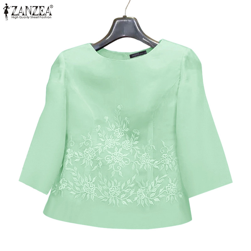 ZANZEA ใส่ ซานเซีย ผู้หญิงแฟชั่นเกาหลีหรูหรารอบคอครึ่งแขนตัดเย็บปักถักร้อยเสื้อท