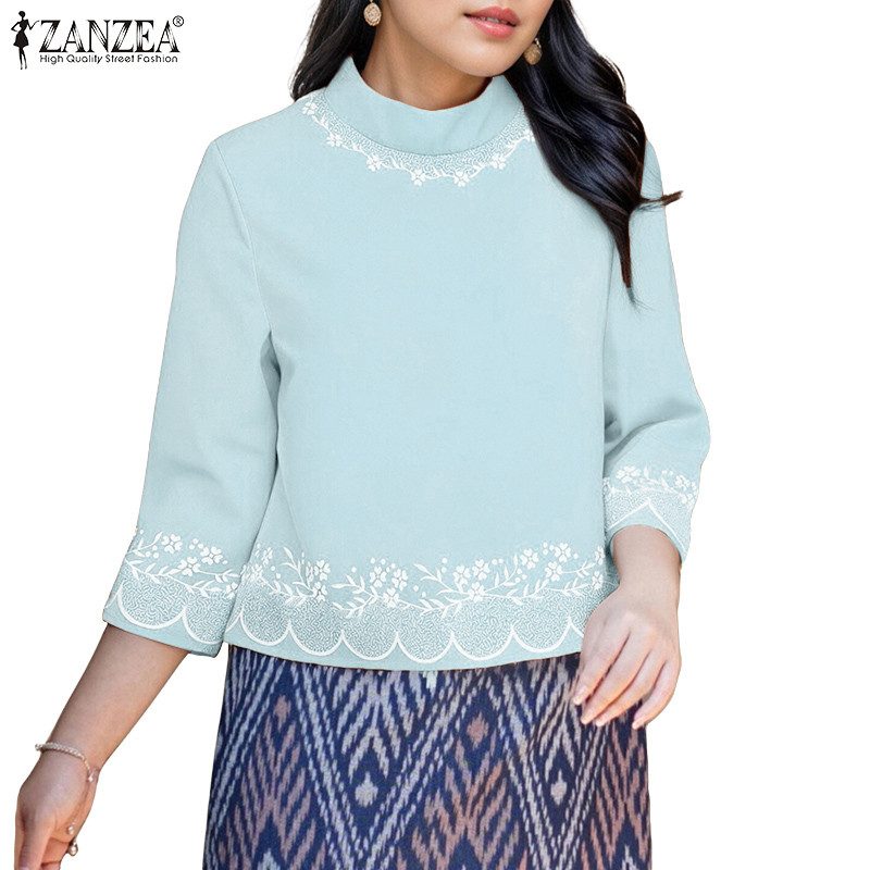 ZANZEA ใส่ ซานเซีย ผู้หญิงแฟชั่นเกาหลีลูกเรือคอ3/4แขนดอกไม้พิมพ์ประกบเสื้อ