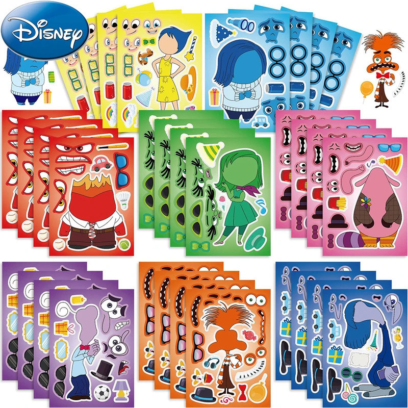 8/16sheets Disney Cartoon Movie Inside Out 2 Puzzle Stickers Make a Face Children Fun Game Assemble 