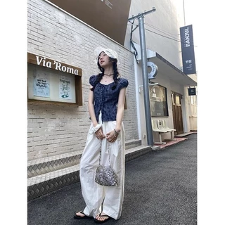 LINNA~วินเทจ ตาหมากรุก ผูกขึ้น แขนสั้น เสื้อเชิ้ต สไตล์ใหม่ เวอร์ชั่นเกาหลี สไตล์แฟชั่น
