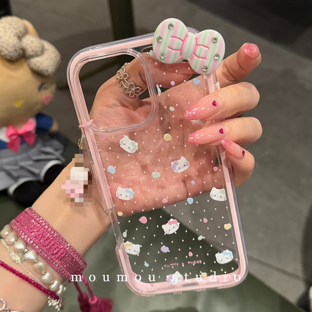 Huiwanju point โบว์เพชรแบบเต็มหน้าจอ polka dot cat เหมาะสําหรับ Apple 16promax เคสโทรศัพท์มือถือ 15 เคสป้องกัน 1413