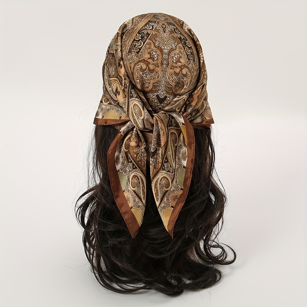 1Pc ผู้หญิงS Paisley พิมพ์ Headscarf สีน้ําตาลดอกไม้สีทองออกแบบน้ําหนักเบาโพลีเอสเตอร์ผ้าพันคอสแควร์สําหรับฤดูร้อน Casual Streetwear Beach หรือ Holiday ของขวัญ Beach Accessory