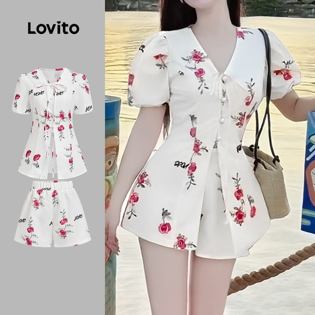 B134-JUN25-A-2-เสื้อเชิ้ตแขนพัฟ Floral Laced-Up-SHB134P1D120