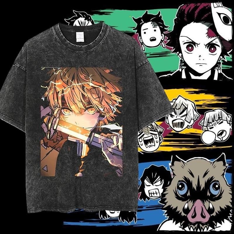 2025 Original Demon Slayer Demon Slayer ล้าง Distressed หลวมผ้าฝ้ายเสื้อยืดผู้ชายผู้หญิงเสื้อยืด