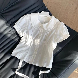 LINNA~TBเวอร์ชั่นเกาหลี สีทึบ ผูกขึ้น ประกบ แขนสั้น เสื้อเชิ้ต สไตล์ใหม่ สไตล์หวาน