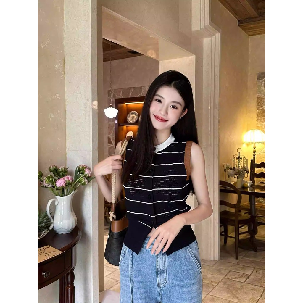 บัลามี นาจา สไตล์ เสื้อกั๊กถักไม่มีแขนสำหรับผู้หญิง ฤดูร้อน เสื้อกั๊กสีดำแบบเจาะรูใหม่ที่รัดเอว