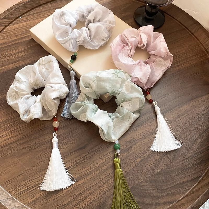 ยางรัดผมผ้าลายหมึกซักที่มีพู่ สไตล์จีนใหม่ สไตล์ประจำชาติ ดีไซน์เฉพาะตัว ยางรัดผมแฟชั่นหรูหราสำหรับผู้หญิง สินค้าเฉพาะ - รูปที่ 6