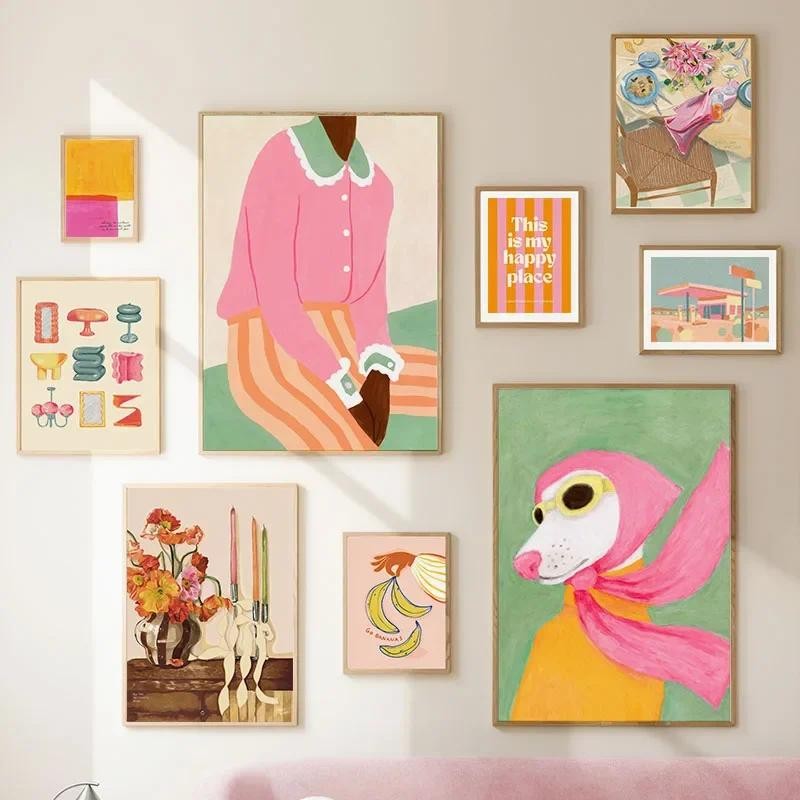 แฟชั่นสาวสุนัขแจกันดอกไม้กล้วยบทคัดย่อ Wall Art ภาพวาดผ้าใบภาพโรงแรมบาร์สําหรับตกแต่งห้องนั่งเล่น