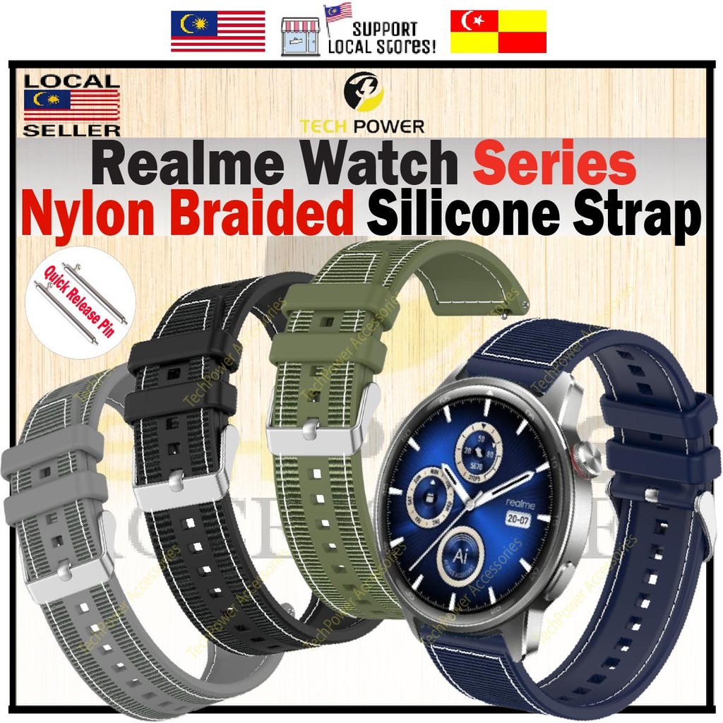 Realme Watch Strap สายซิลิโคนแบบถักไนลอน,Tali Jam Realme Watch 5/ Realme Watch S2/Watch 3/pro Realme