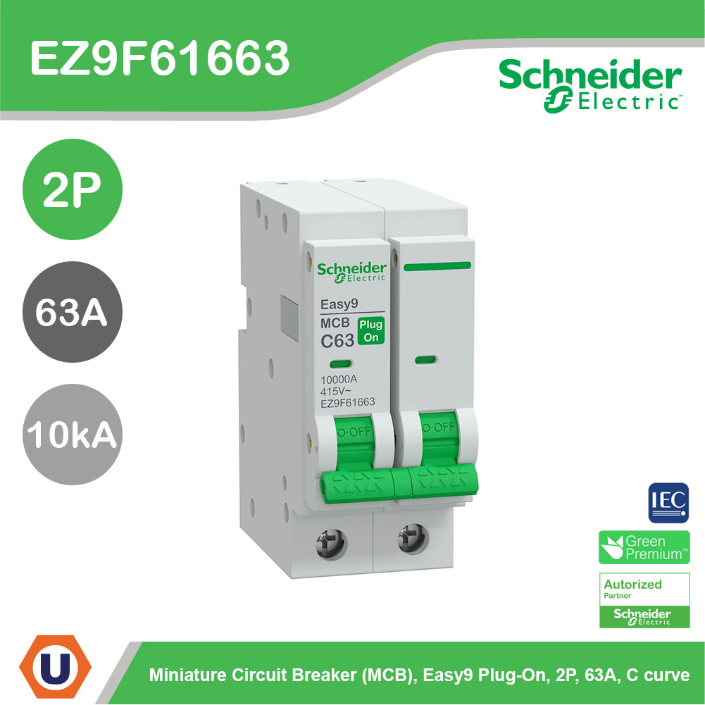 Schneider Electric เมนเซอร์กิตเบรกเกอร์ รุ่น Easy9 Plug-On ขนาด 2P 10kA 63A รหัส EZ9F61663
