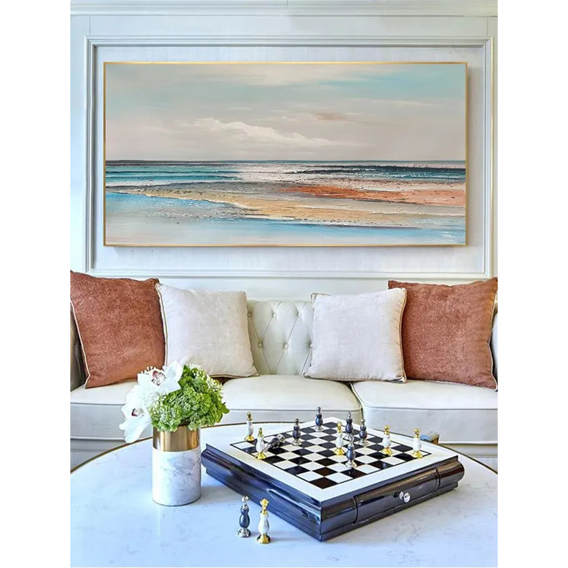 Big Ocean Sunset Handmade Painting Beach Coastal Painting Large Wall Art Pictures Blue Abstract Text