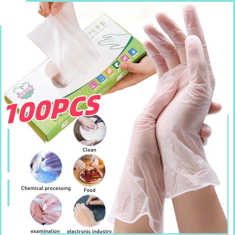 ถุงมือแบบใช้แล้วทิ้งหนา เวลา เกรดอาหาร 100 ชิ้นปราศจากน้ํายางสําหรับรับประทานอาหารที่บ้านทําอาหารทําความสะอาด