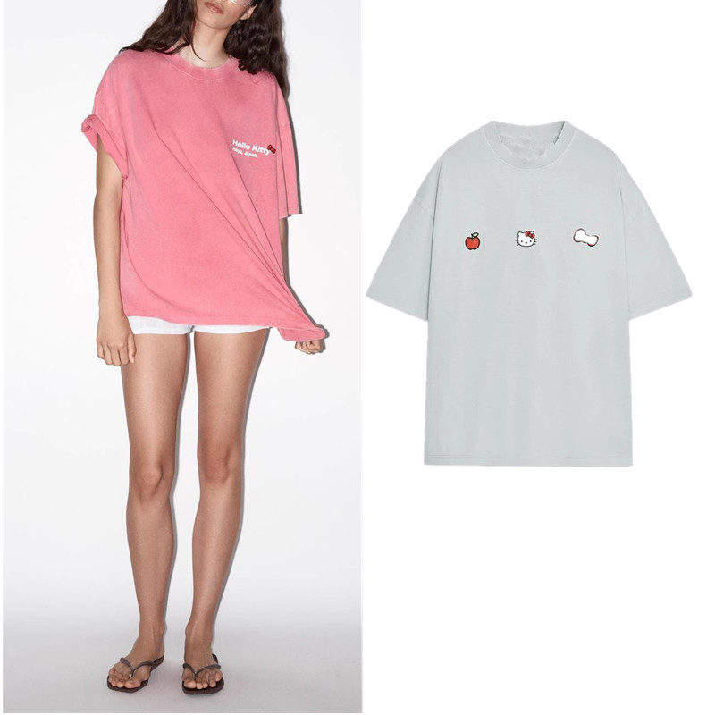 ซาร่า หลวมผ้าฝ้ายการ์ตูนพิมพ์ล้างแขนสั้นเสื้อยืด 6050356 6050357