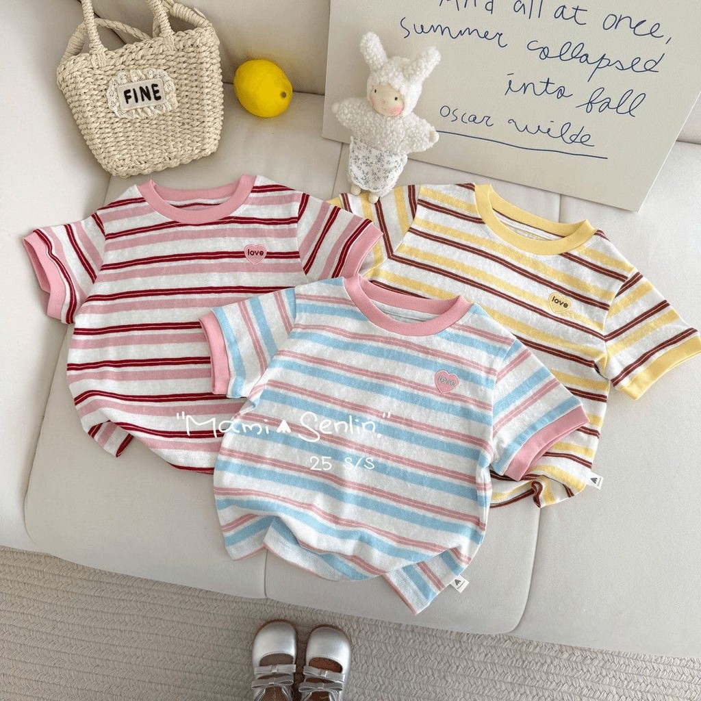 [RJ] 90-140CM ฤดูร้อนเด็กสาวเสื้อยืดแขนสั้นสไตล์เกาหลี All-Match Collar Peach Heart ปักลายครึ่ง-