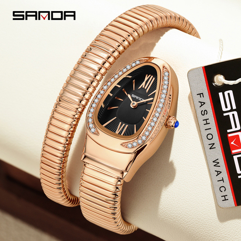 SANDA ขายร้อนนาฬิกายอดนิยมรูปงูเพชร-Encrusted High-End นาฬิกาผู้หญิง Retro Elegant