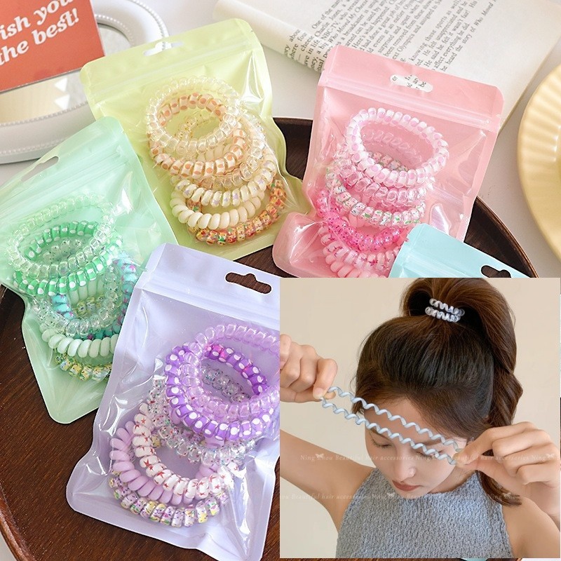 6PC กระเป๋าสายศัพท์แหวนผมผู้หญิงเชือกผมโปร่งใสสีเยลลี่ที่คาดผมผู้หญิงยางรัดผมผู้หญิงG3259
