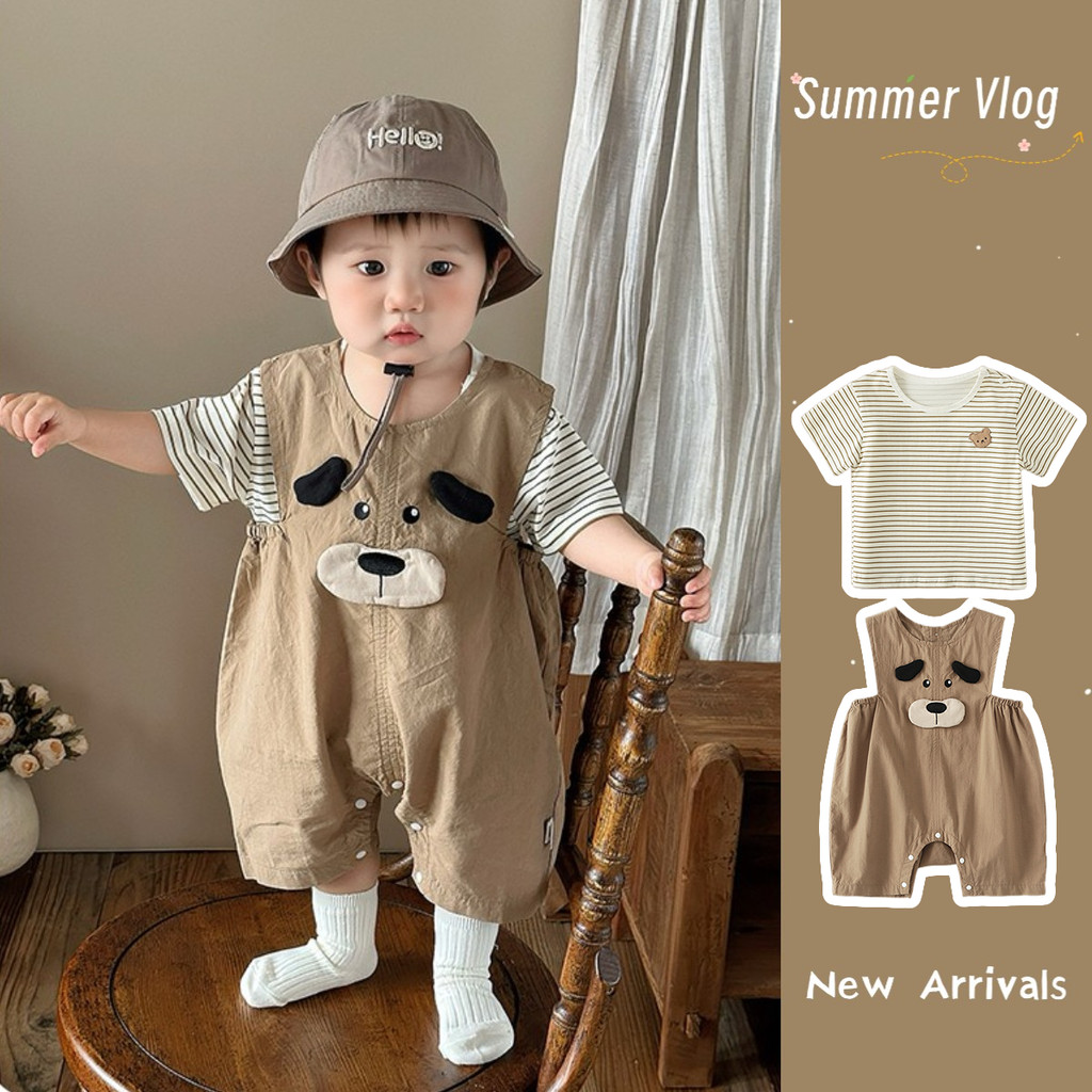 ฤดูร้อนใหม่เสื้อผ้าเด็กทารกชุดบอดี้สูทแขนสั้นชุด 2 ชิ้น 4-36 เดือนแสงและระบายอากาศสุดน่ารักลูกสุนัข ชุดรอมเปอร์ สไตล์เกาหลี