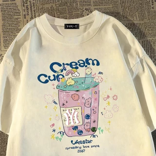 Teddy Tee🎀ชุดสาวอวบ ผ้าฝ้าย100% สวมใส่สบาย สาวอวบ เสื้อยืด oversize ยืดได้ ลาย "CREAM CUP IYI" แฟชั่น สไตล์ลำลอง