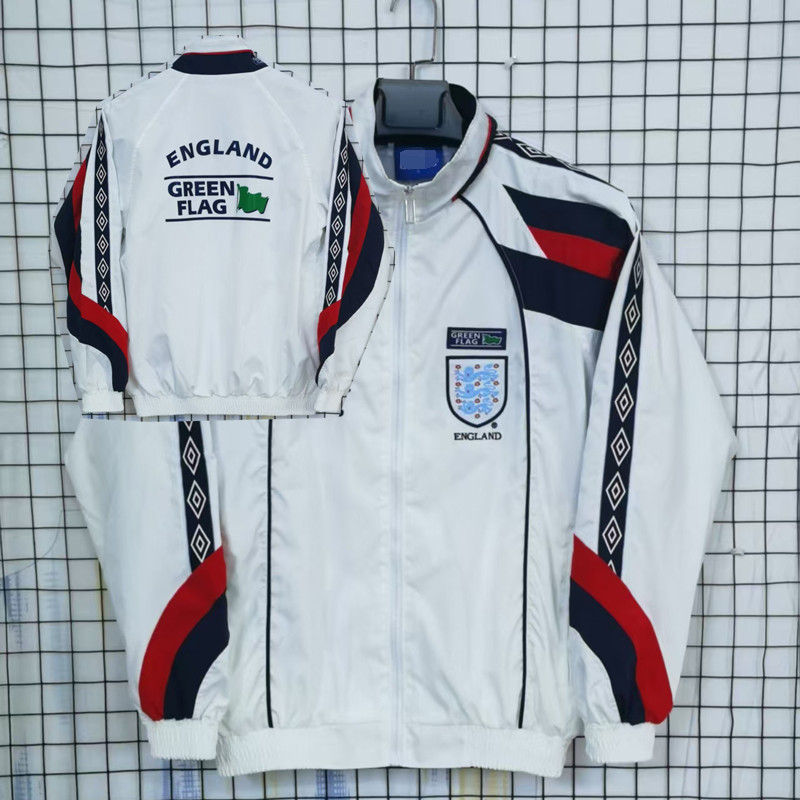 คุณภาพสูง AAA + 1998 เสื้อแจ็คเก็ตฟุตบอล Retro Mens Embroideried Windbreaker S-2XL สีขาว
