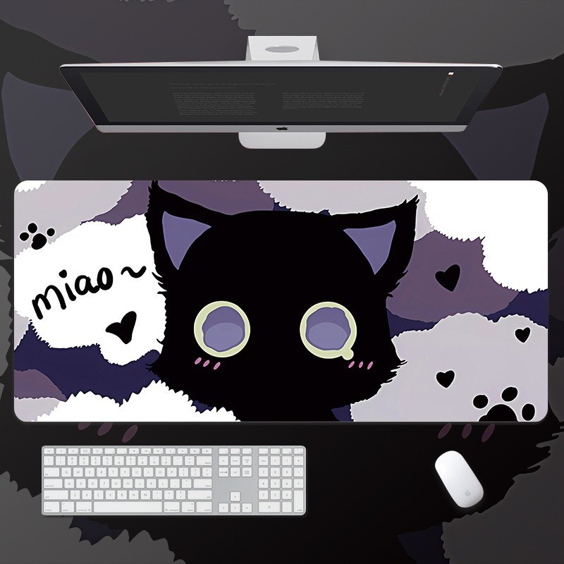 ​​เมาส์แพดอนิเมะแมวดำ เกมมิ่งลายน่ารัก แผ่นรองเมาส์กันลื่น เล่นเกม PC ขนาดใหญ่​
