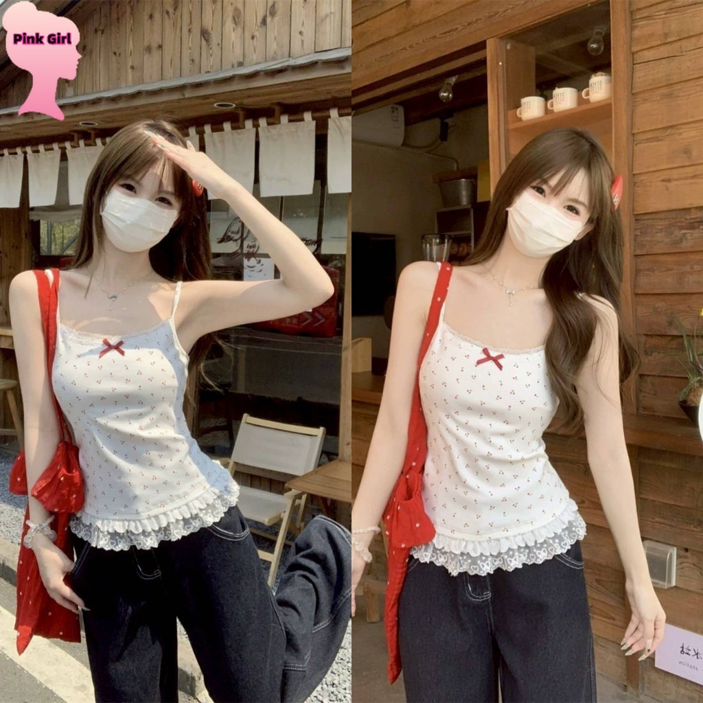 💋Pink girl💋​พร้อมส่ง เสื้อสายเดี่ยว ผ้าไหมพรม ลายโบว์ สีขาวแดง คาวาอี้ ' Y6823