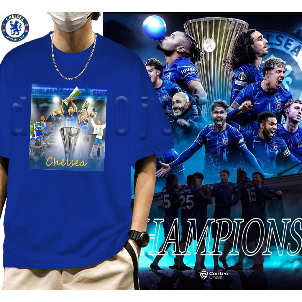 "แชมเปี้ยน!"Europa League Chelsea 2025 เสื้อยืด Champlon Grand Slam พิมพ์ลายสําหรับแฟนผู้ชายและผู้หญ