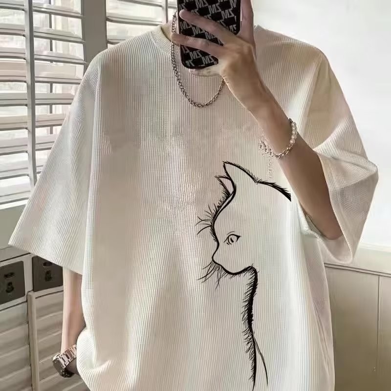 ออกแบบ-ส่งต่อ เสื้อยืดโอเวอร์ไซส์สไตล์มินิมอล - Heavyweight Waffle Texture Cropped Sleeve Streetwear