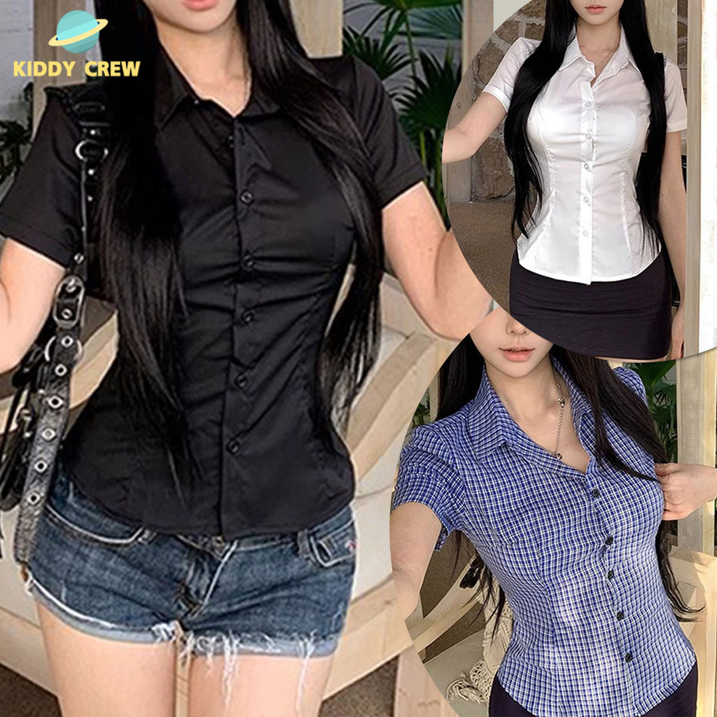 เสื้อเชิ้ตหญิงแขนสั้นขาว ลายเรียบๆ สไตล์เกาหลี
