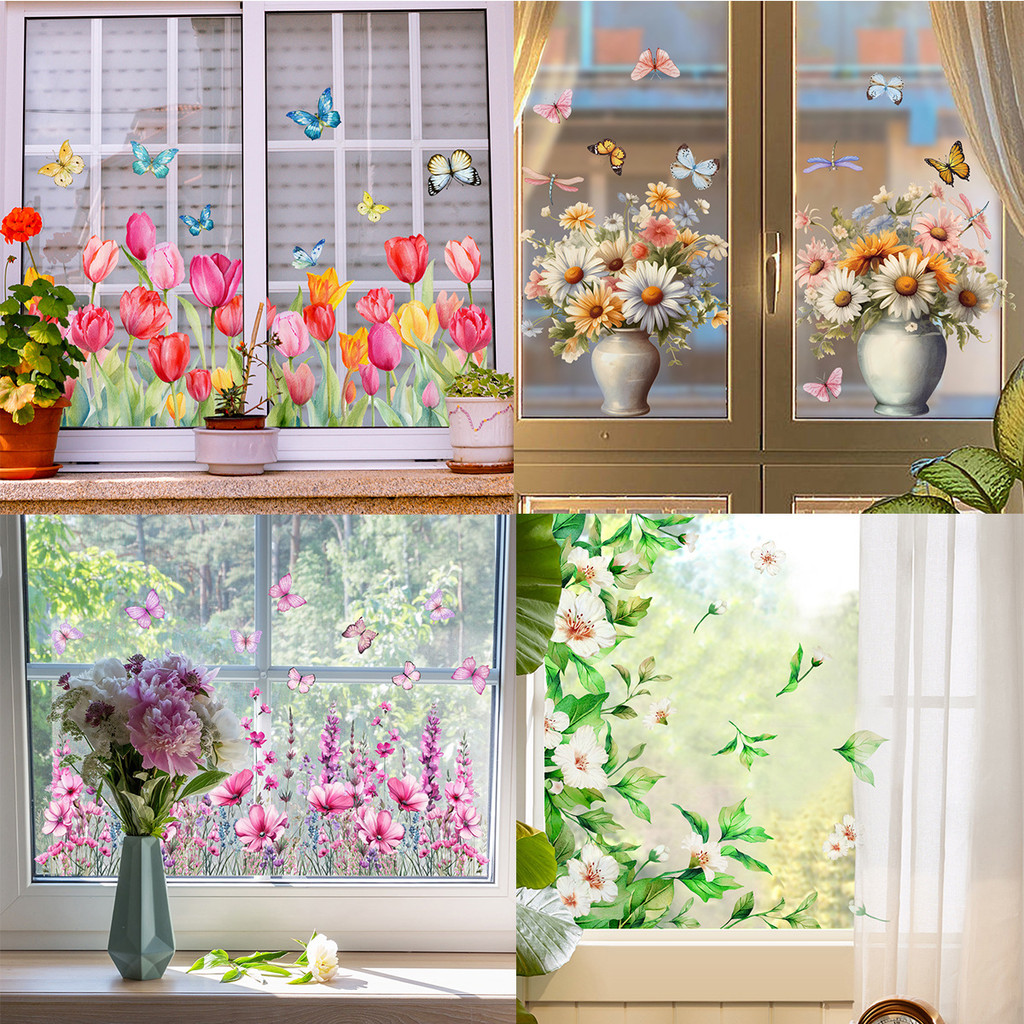 หลายสีผีเสื้อดอกไม้ลาเวนเดอร์ทิวลิปสติกเกอร์หน้าต่างสําหรับตกแต่งบ้านสองด้านที่มองเห็นได้สติกเกอร์กระจกไฟฟ้าสถิต