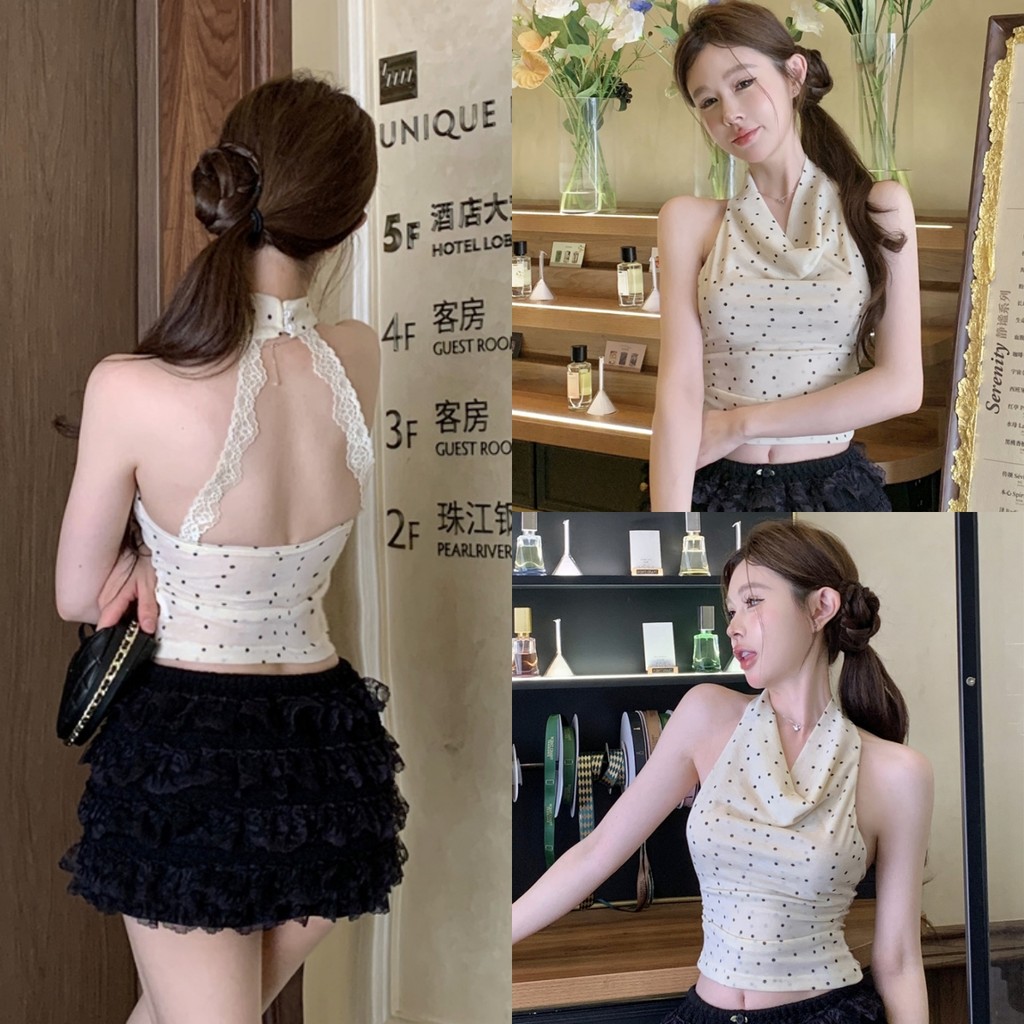 🍈Evelyn🍈เสื้อกล้าม คล้องคอ ลายจุด slim fit เสื้อแขนกุด ผ้านิ่ม ใส่สบาย สาวแซ่บ แฟชั่นสำหรับผู้หญิง