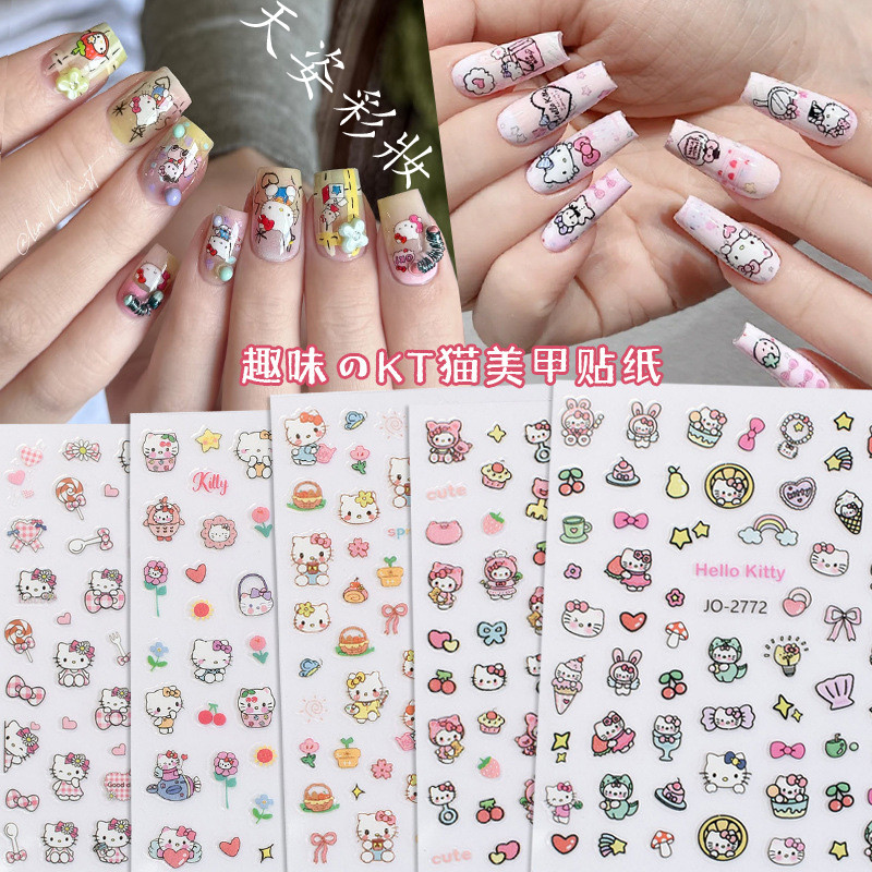 สติ๊กเกอร์แต่งเล็บแมวคิตตี้น่ารักการ์ตูน Hello kitty บางเฉียบพร้อมกาวสติ๊กเกอร์ติดเล็บลายสนุกสําหรับเด็ก