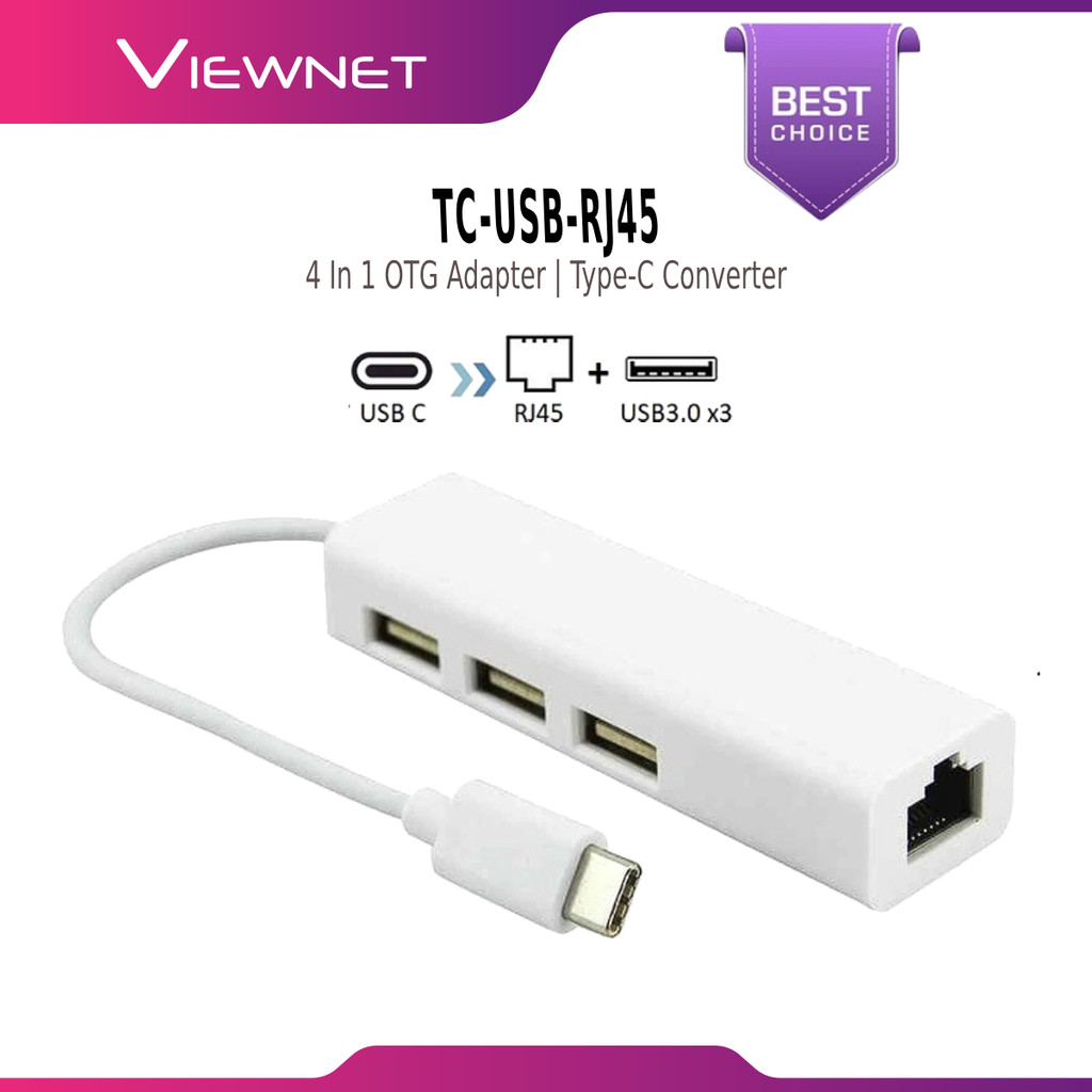 อะแดปเตอร์ OTG 4 IN 1 USB 3.1 TYPE-C CONVERTER TO RJ45 LAN PORT+USB HUB2.0*3 100CM - TC / USB / RJ45