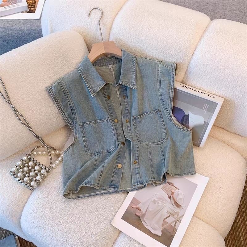 Retro Classy Denim เสื้อสเวตเตอร์ถักแขนสั้นผู้หญิงฤดูร้อนสไตล์ใหม่ Niche Design เสื้อกันหนาวแขนกุด
