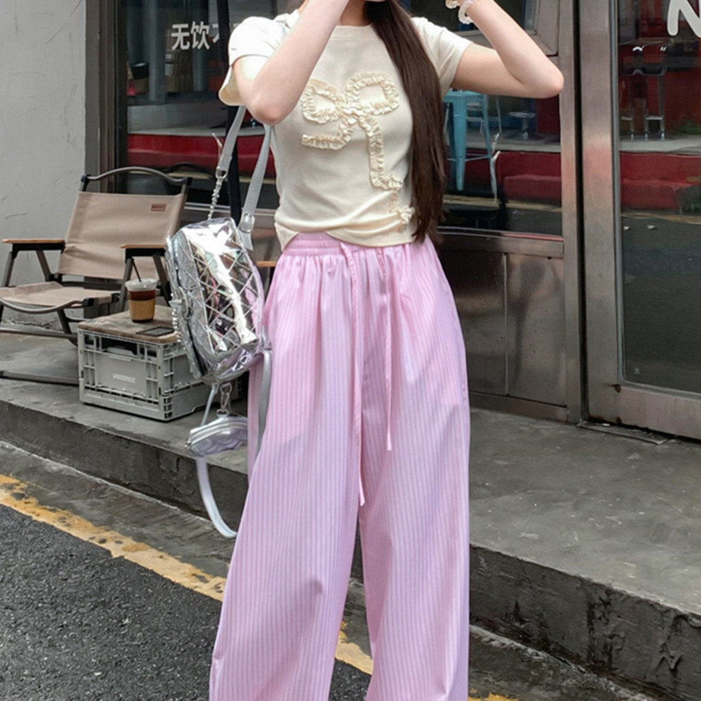 กางเกงขายาวลายทาง แนวตั้ง เอวยางยืด สำหรับฤดูร้อน - รูปที่ 7