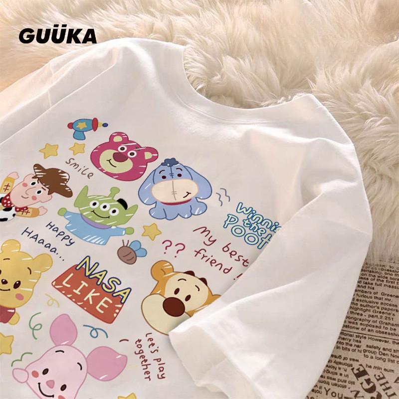 GUUKA เสื้อยืดสตรี Winnie Disney Retro Baju t shirt Perempuan Breathable Casual Oversize